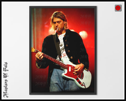 Kurt Cobain in Red Playing Guitar Nirvana Photo REMASTERED